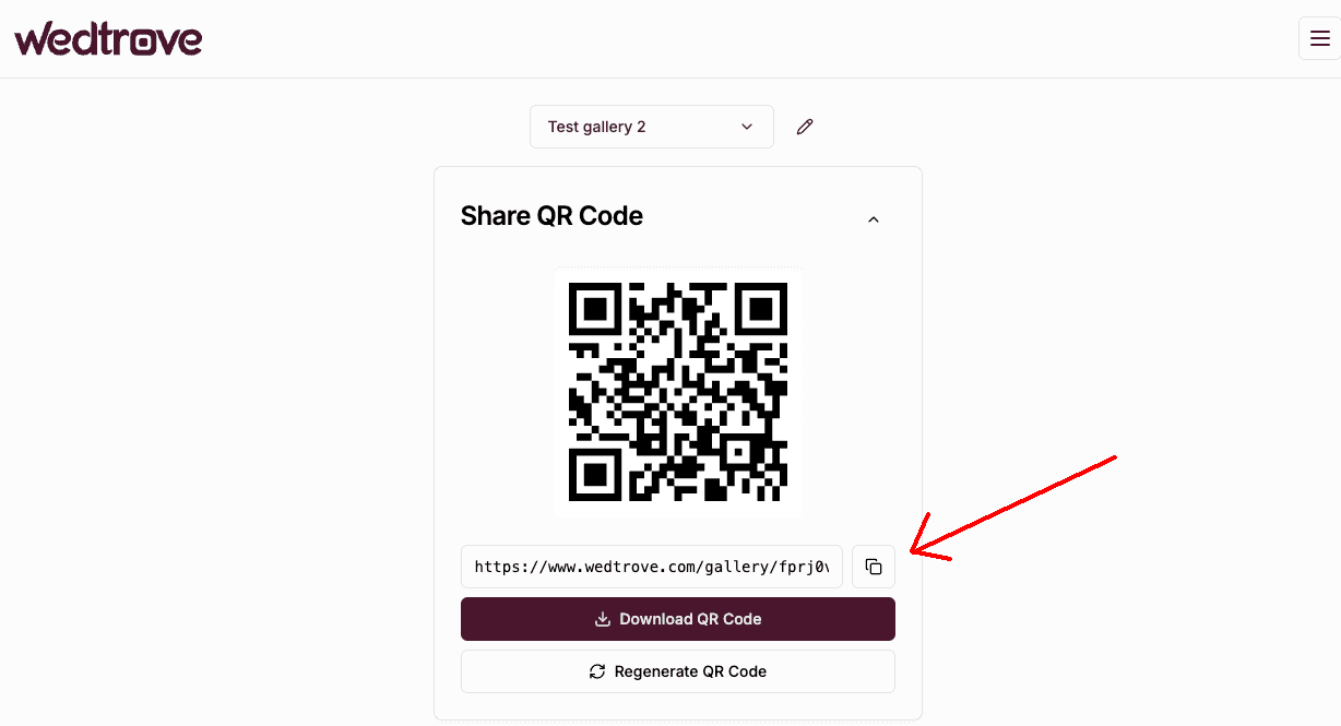 How to copy QR code URL from Wedtrove gallery