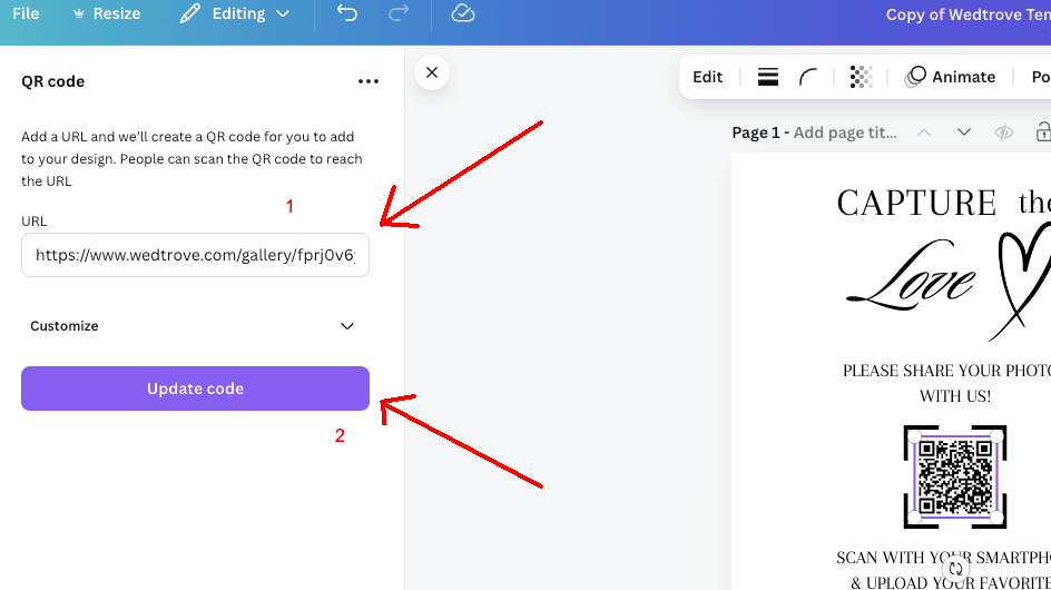 How to copy QR code URL from Wedtrove gallery