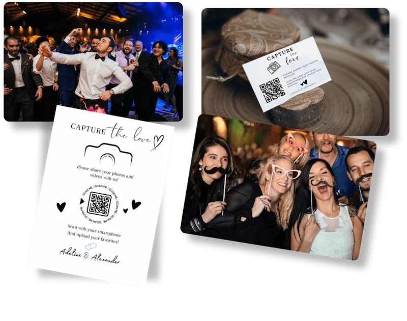 Guest scanning a wedding photo sharing qr code on a table sign