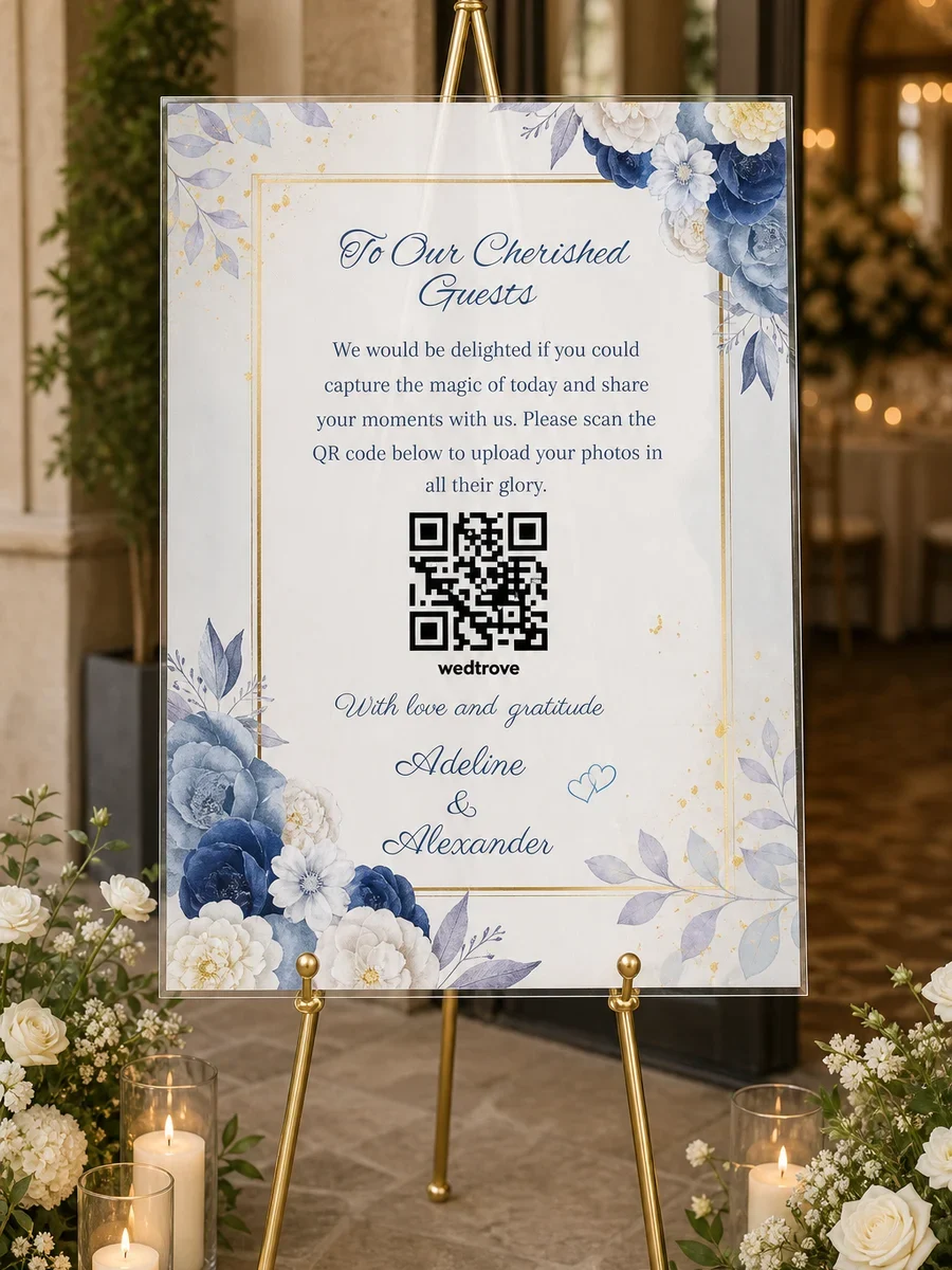 Blue floral wedding QR code welcome sign