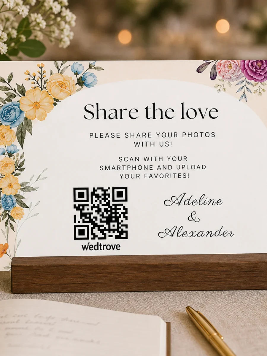 Floral wedding QR code card on a guestbook table