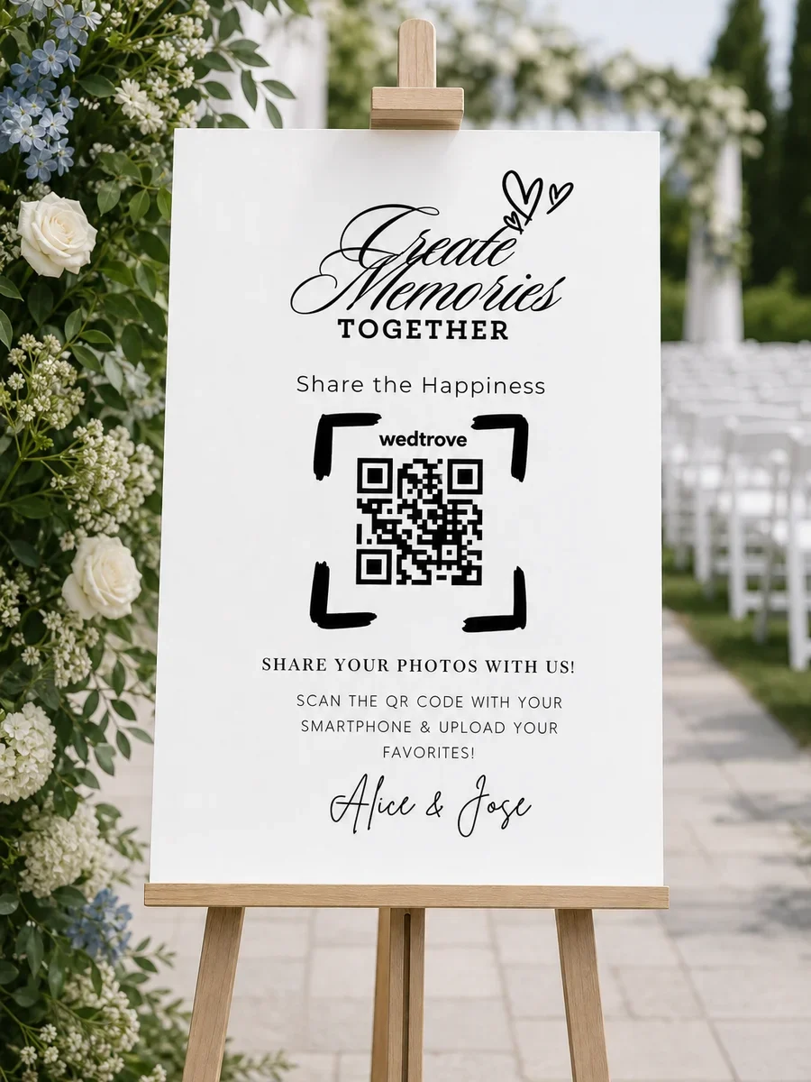 Outdoor ceremony wedding QR code sign on a wooden easel