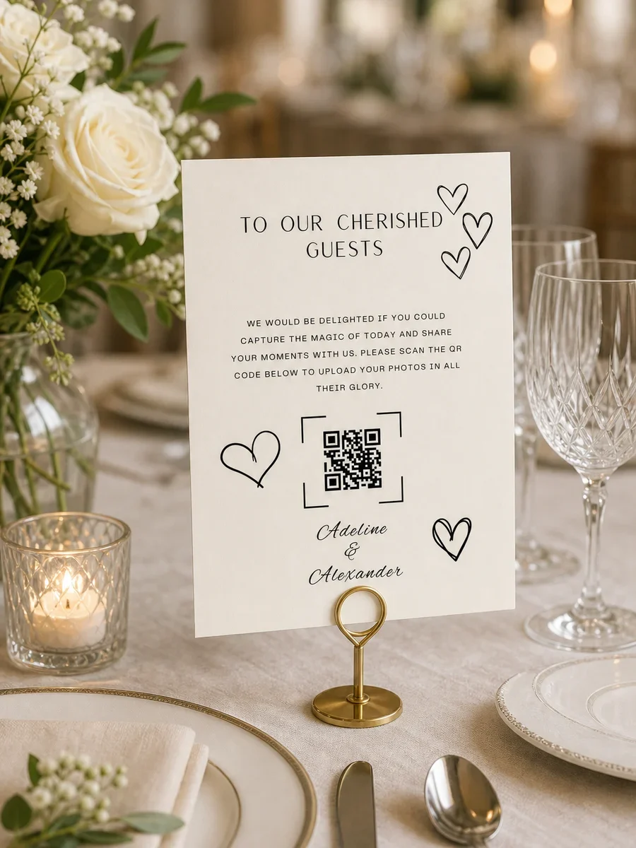 Wedding QR code card displayed in a brass table stand