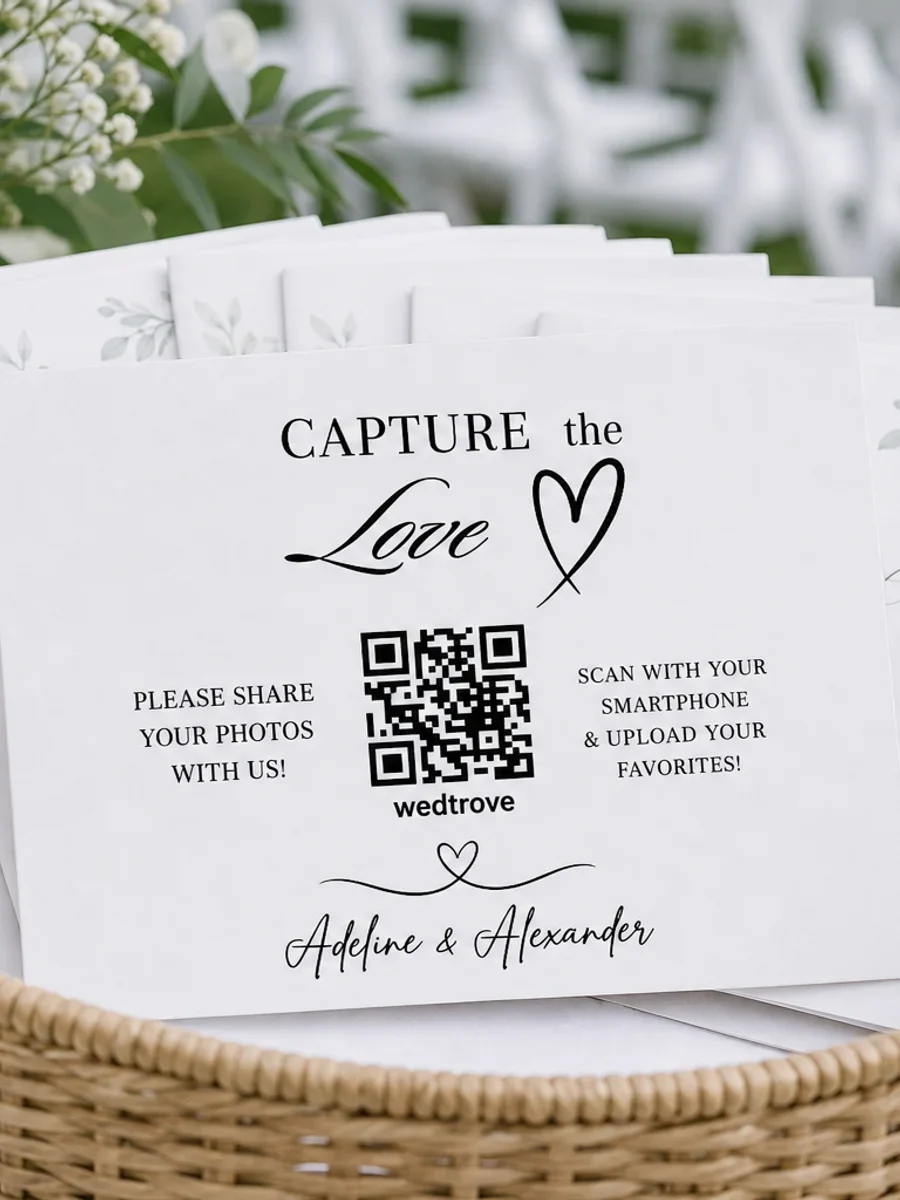 Wedding QR code card tucked into a ceremony program basket