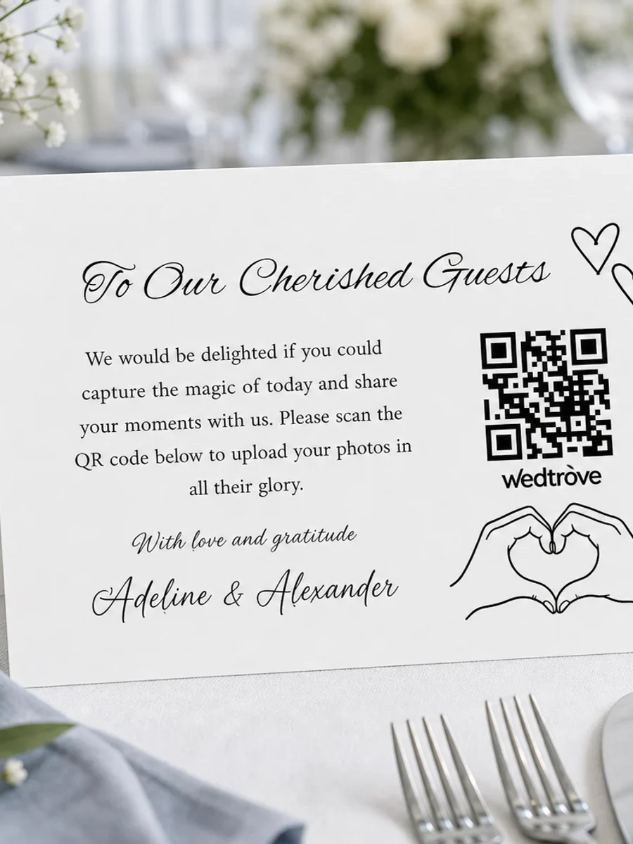 Wedding QR code table tent at a reception place setting