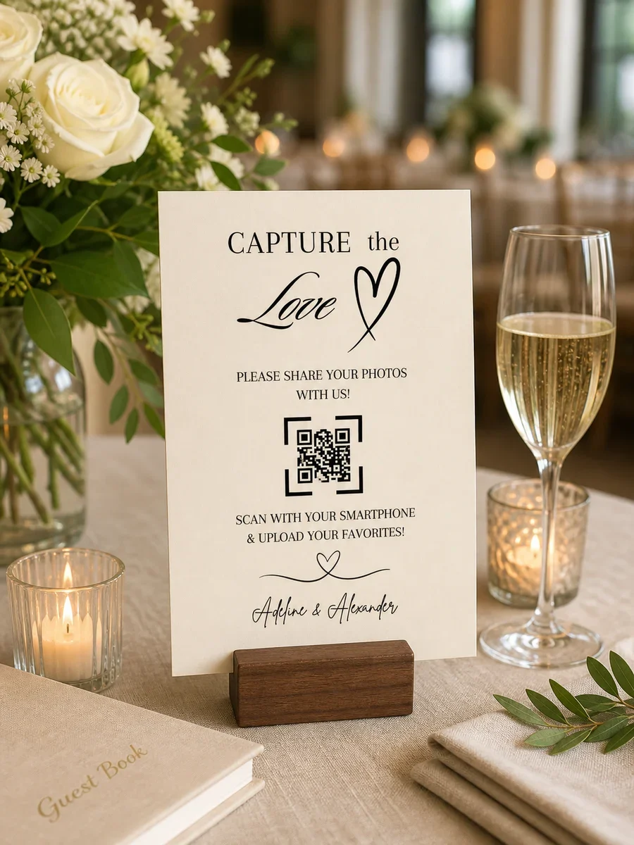 Wedding QR code thank you card in a wooden holder