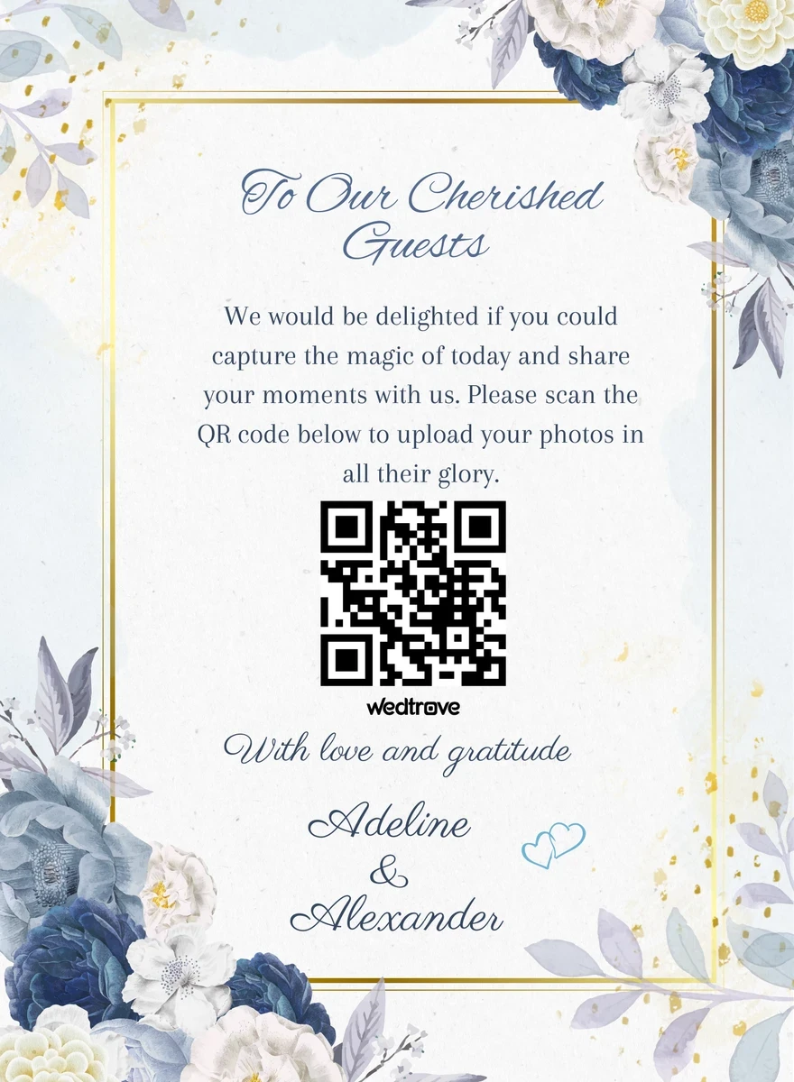 Blue floral wedding QR code welcome sign template