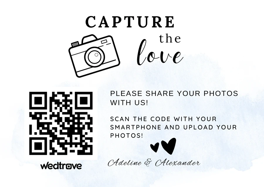 Outdoor cocktail hour wedding QR code card in a wooden holder template