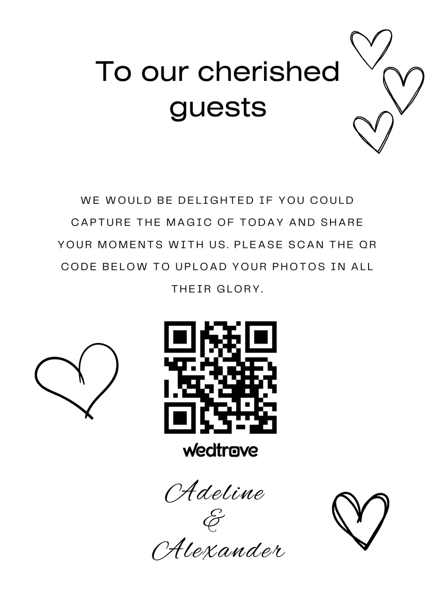 Wedding QR code card displayed in a brass table stand template