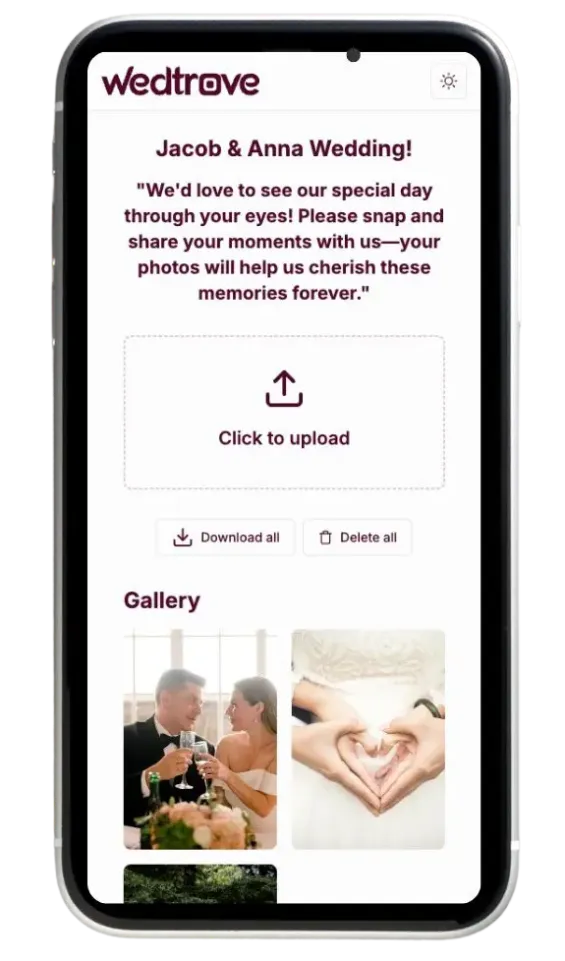 A preview of the upload page on the wedding qr code website Wedtrove.
